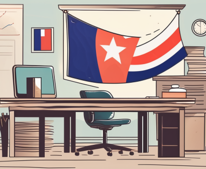 A classroom setting with an international flag