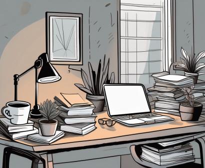 A heavily laden desk with stacks of papers