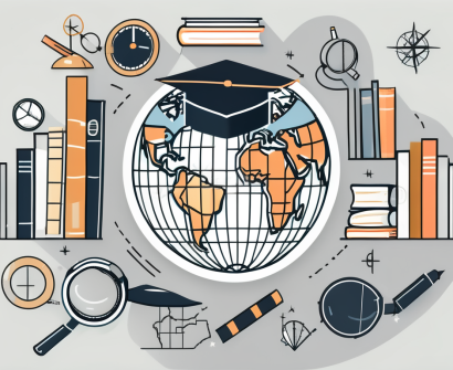 A globe surrounded by educational tools like books