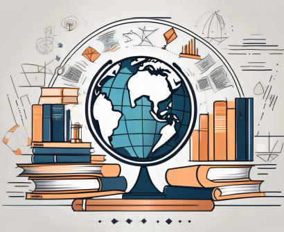 A globe surrounded by various educational symbols like books