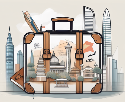 A suitcase adorned with singaporean landmarks