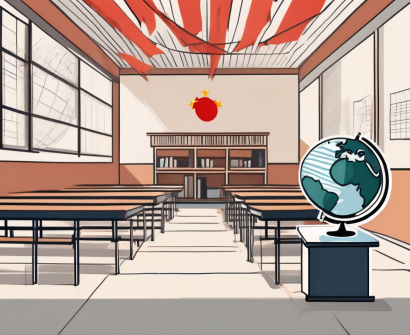 A half-empty classroom with a few scattered apples on the desks