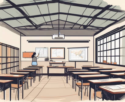 A classroom with various educational tools and cultural symbols from vietnam