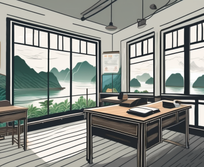 A classroom setting with a view of vietnam's iconic landscapes