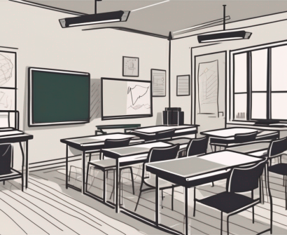 A classroom setting with various teaching tools like a chalkboard