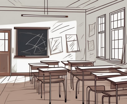 A classroom with empty desks