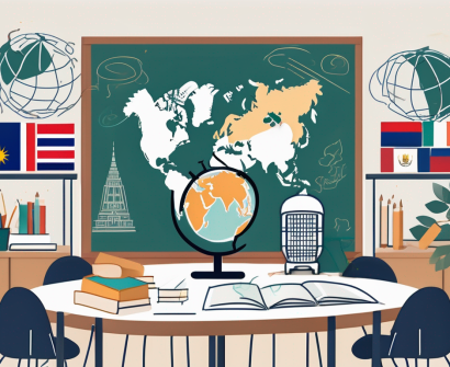 A classroom scene with diverse cultural symbols