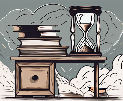 A classroom desk stacked high with books and papers