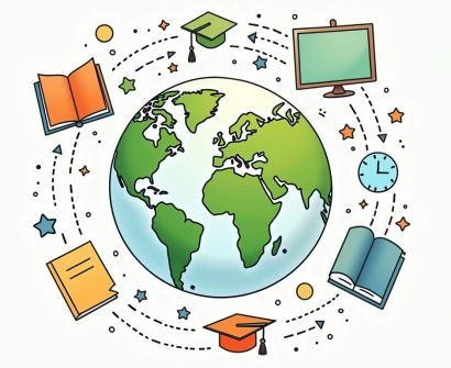 A vibrant globe surrounded by various educational symbols