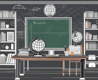 A classroom setting with a blackboard