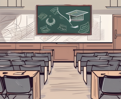 A lecture hall with a desk and a chalkboard