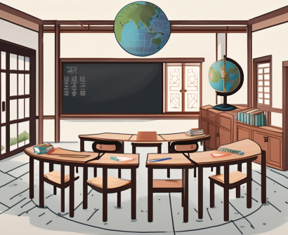 A classroom setting with desks arranged in a semi-circle