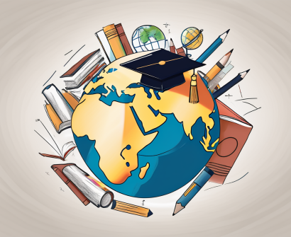 A globe surrounded by various educational tools like books