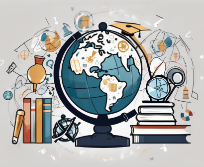 A globe surrounded by various educational symbols like books