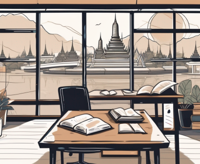 A classroom scene with a teacher's desk