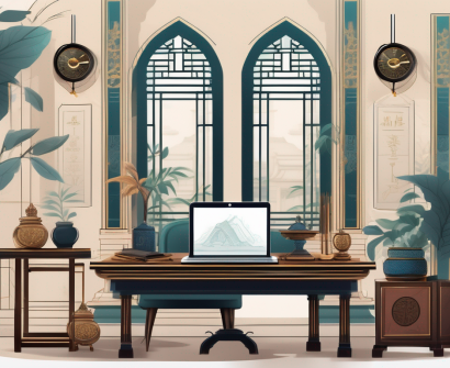 A classroom setting with a teacher's desk showcasing various symbols of wealth such as a fancy pen