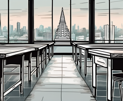 A classroom scene with empty desks and chairs