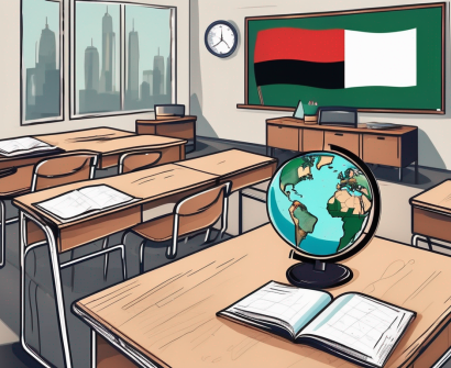 A classroom setting with a chalkboard