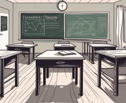 A classroom setting in thailand with a chalkboard