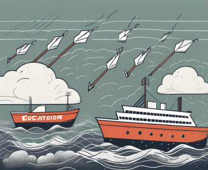 A sinking ship labeled "education" with lifebuoys labeled "retention" floating away