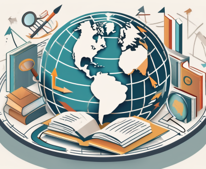 A globe with various educational tools like books