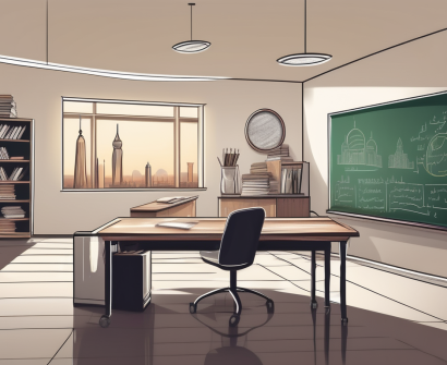 A classroom setting in saudi arabia with a teacher's desk