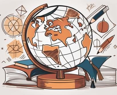 A globe with various educational symbols like books