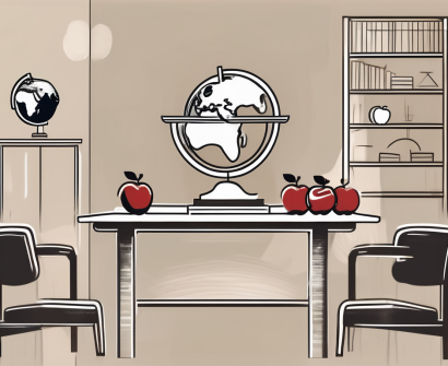 A classroom setting in singapore with various symbolic elements like an apple (for education)