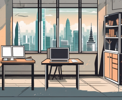 A classroom setting with a view of bangkok's cityscape through the window