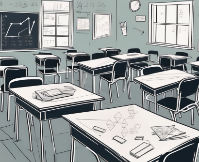 A classroom scene with scattered chairs