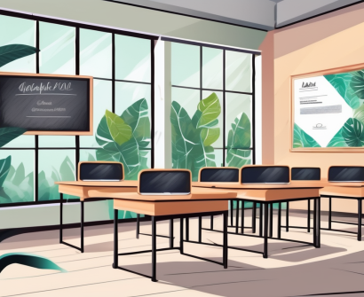 A classroom setting in thailand with a chalkboard