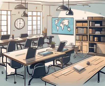 A classroom setting in dubai with various educational tools and symbols that represent collaboration and strategic planning