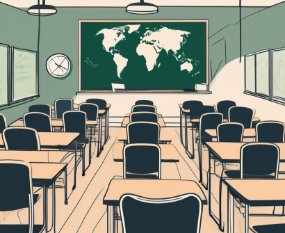 A classroom setting with empty chairs and desks