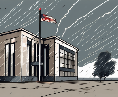 A crumbling school building with a flag at half-mast
