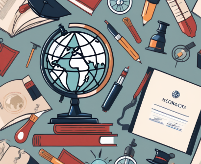 A globe surrounded by various educational tools like books