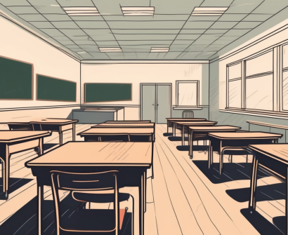 A classroom with empty desks and chairs