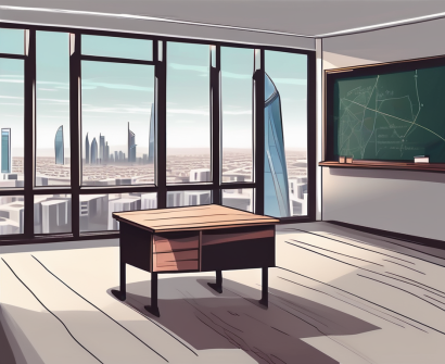 A classroom with an empty teacher's desk