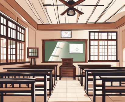 A traditional vietnamese schoolhouse with a magnifying glass hovering over it