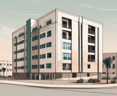 A modern saudi arabian apartment building with a school in the background