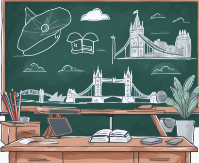 A classroom setting with iconic symbols of england and australia