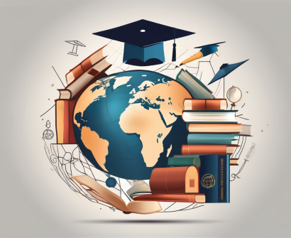 A globe with various educational icons like books