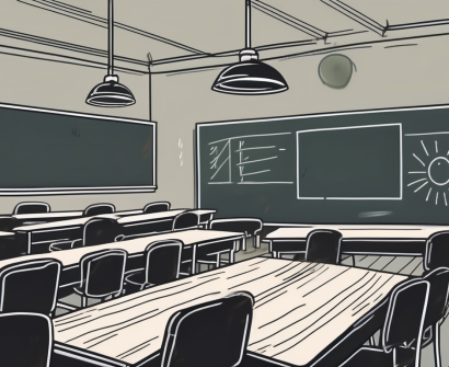 A classroom with empty desks