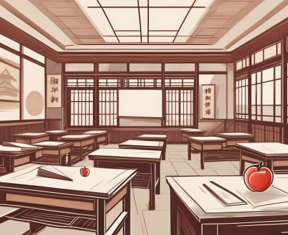 A classroom setting with iconic chinese architectural elements in the background