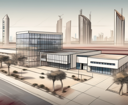A qatari landscape with a school building in the foreground and construction sites in the background