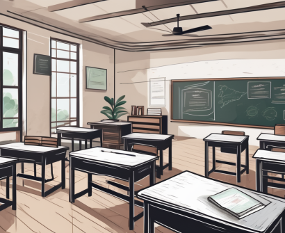 A classroom setting in vietnam with a chalkboard
