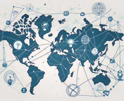 A global map connected by various lines and symbols representing education and networking