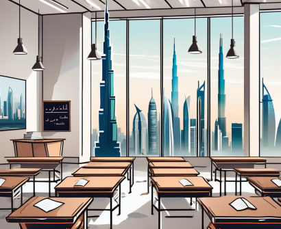 A classroom setting with a view of dubai's skyline in the background