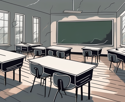 A classroom with empty desks and chairs