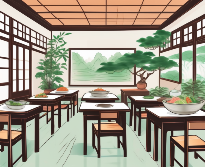 A classroom setting with traditional vietnamese elements and teaching tools