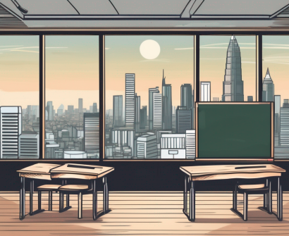 A classroom with a chalkboard
